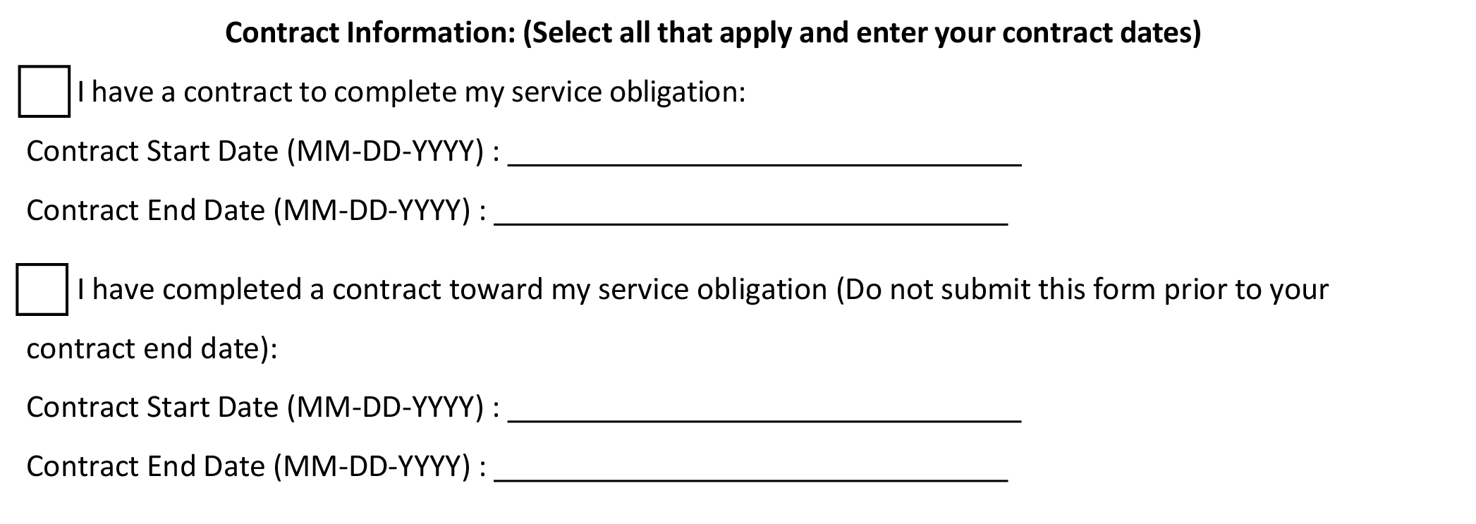 Service Obligation form check boxes